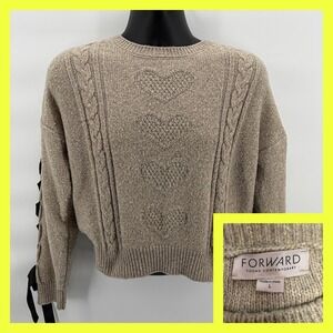 Forward Heart Cable Knit Sweater Gray Large Lace Up Ribbon Sleeve Coquette Boho‎